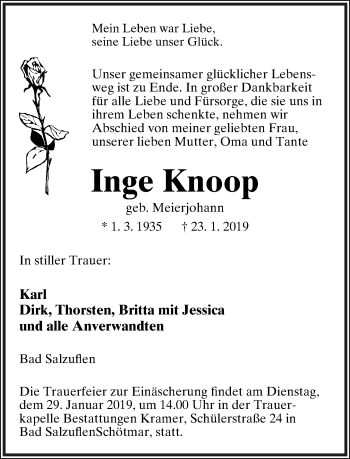 Anzeige  Inge Knoop  Lippische Landes-Zeitung