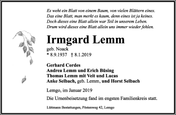 Anzeige  Irmgard Lemm  Lippische Landes-Zeitung