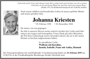 Anzeige  Johanna Kriesten  Lippische Landes-Zeitung