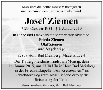 Anzeige  Josef Ziemen  Lippische Landes-Zeitung