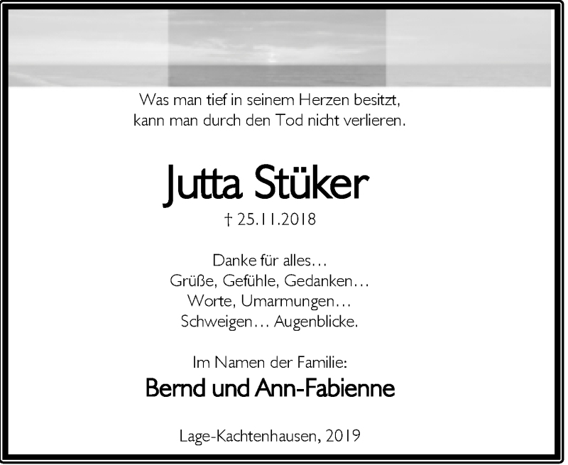  Traueranzeige für Jutta Stüker vom 19.01.2019 aus Lippische Landes-Zeitung