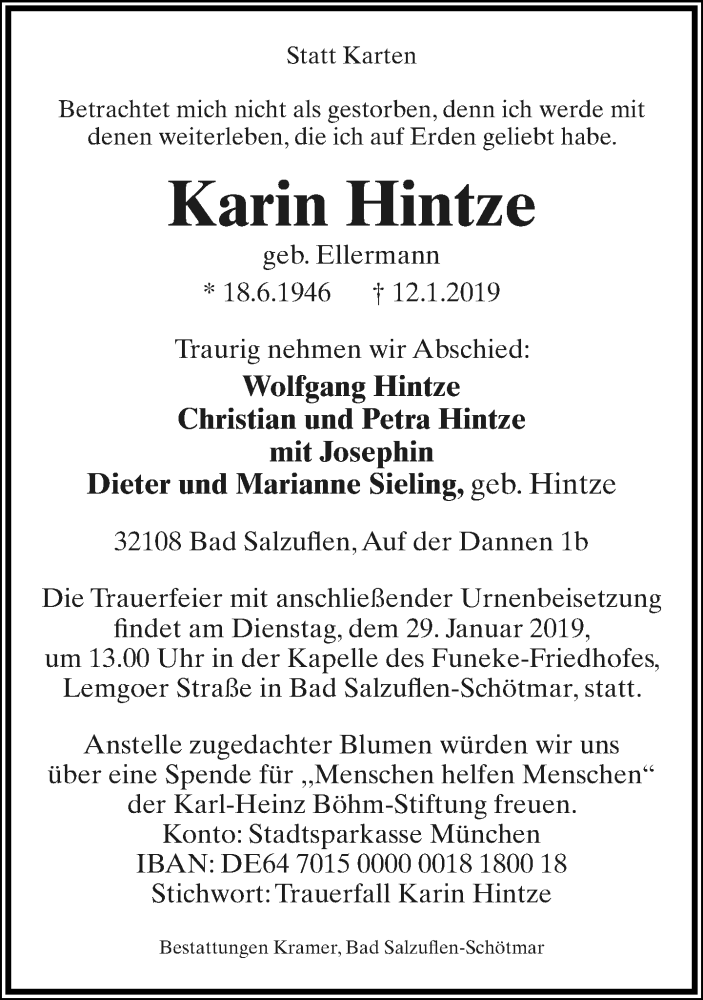  Traueranzeige für Karin Hintze vom 19.01.2019 aus Lippische Landes-Zeitung