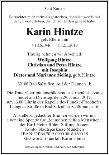 Anzeige  Karin Hintze  Lippische Landes-Zeitung