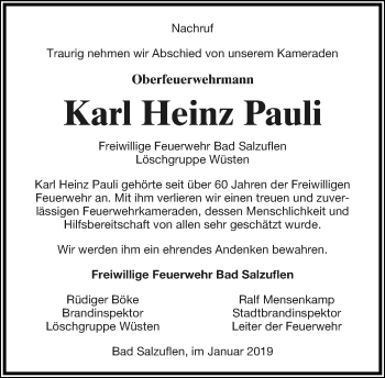 Anzeige  Karl Heinz Pauli  Lippische Landes-Zeitung
