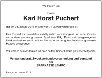 Anzeige  Karl Horst Puchert  Lippische Landes-Zeitung