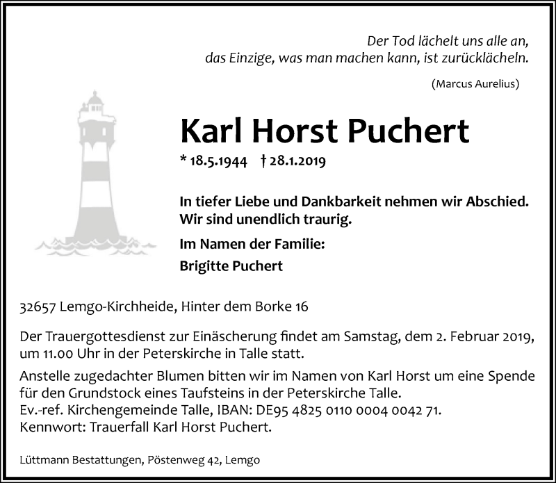  Traueranzeige für Karl Horst Puchert vom 30.01.2019 aus Lippische Landes-Zeitung
