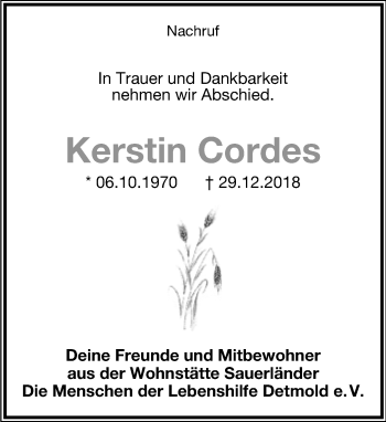 Anzeige  Kerstin Cordes  Lippische Landes-Zeitung