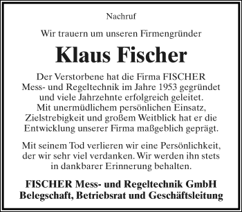 Anzeige  Klaus Fischer  Lippische Landes-Zeitung