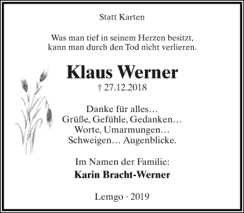 Anzeige  Klaus Werner  Lippische Landes-Zeitung
