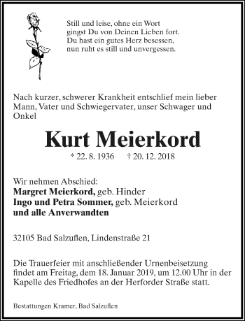 Anzeige  Kurt Meierkord  Lippische Landes-Zeitung
