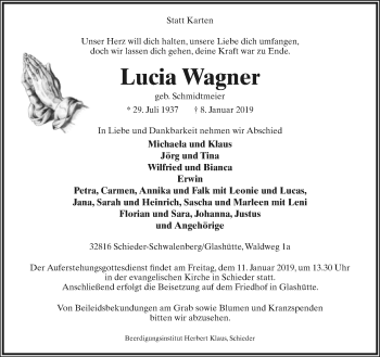 Anzeige  Lucia Wagner  Lippische Landes-Zeitung