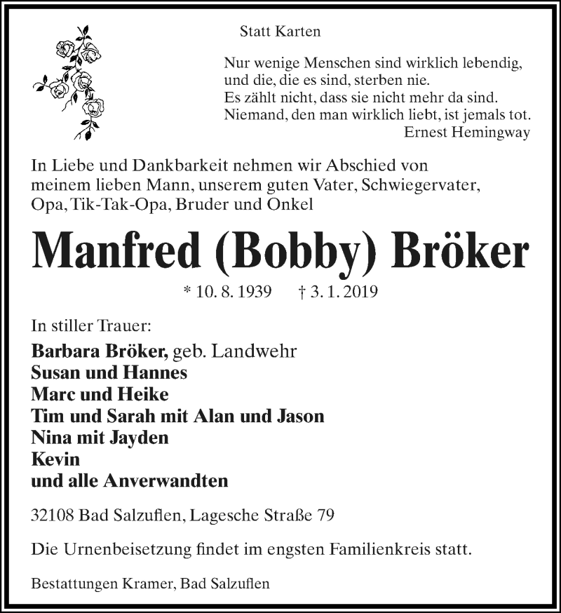  Traueranzeige für Manfred Bröker vom 05.01.2019 aus Lippische Landes-Zeitung