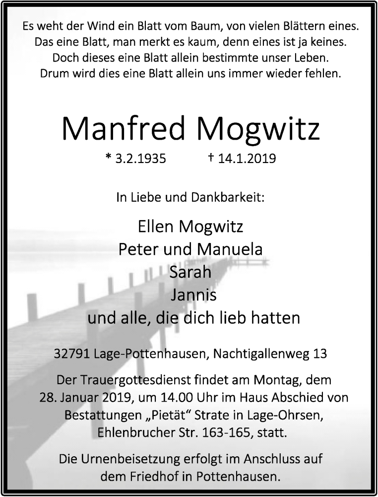  Traueranzeige für Manfred Mogwitz vom 19.01.2019 aus Lippische Landes-Zeitung