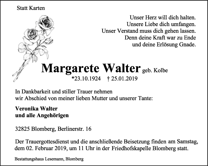  Traueranzeige für Margarete Walter vom 30.01.2019 aus Lippische Landes-Zeitung