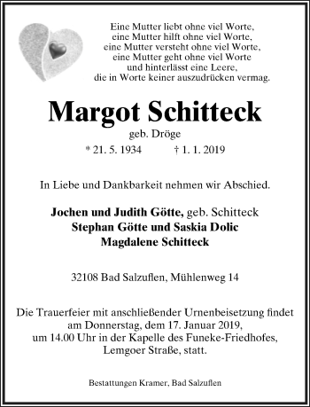 Anzeige  Margot Schitteck  Lippische Landes-Zeitung