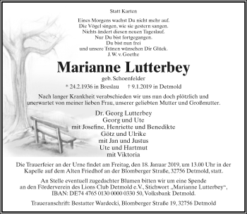 Anzeige  Marianne Lutterbey  Lippische Landes-Zeitung