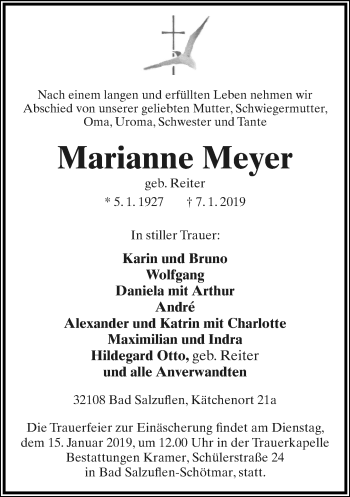 Anzeige  Marianne Meyer  Lippische Landes-Zeitung