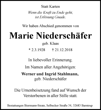 Anzeige  Marie Niederschäfer  Lippische Landes-Zeitung