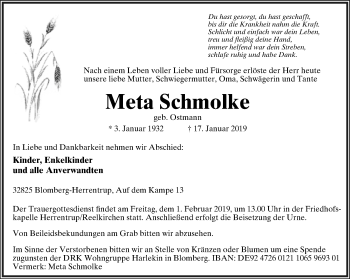 Anzeige  Meta Schmolke  Lippische Landes-Zeitung