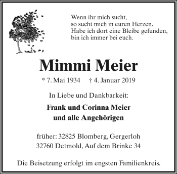 Anzeige  Mimmi Meier  Lippische Landes-Zeitung