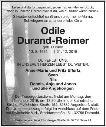 Anzeige  Odile Durand-Reimer  Lippische Landes-Zeitung