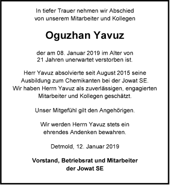 Anzeige  Oguzhan Yavuz  Lippische Landes-Zeitung