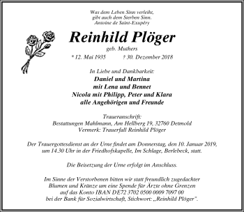 Anzeige  Reinhild Plöger  Lippische Landes-Zeitung