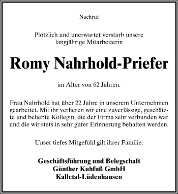Anzeige  Romy Nahrhold-Priefer  Lippische Landes-Zeitung