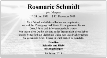 Anzeige  Rosmarie Schmidt  Lippische Landes-Zeitung