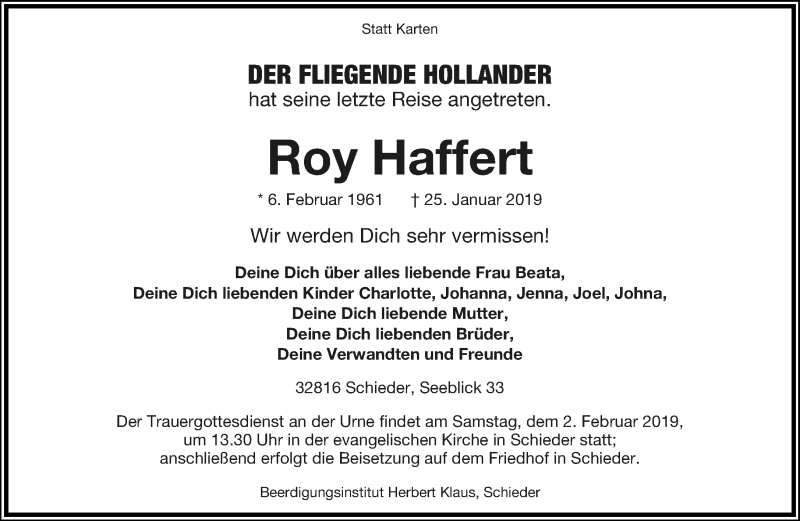  Traueranzeige für Roy Haffert vom 30.01.2019 aus Lippische Landes-Zeitung