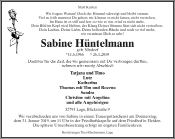 Anzeige  Sabine Hüntelmann  Lippische Landes-Zeitung