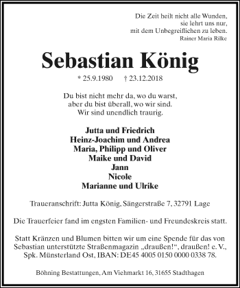Anzeige  Sebastian König  Lippische Landes-Zeitung