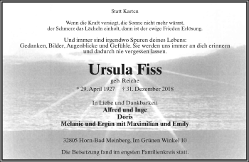 Anzeige  Ursula Fiss  Lippische Landes-Zeitung