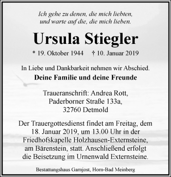 Anzeige  Ursula Stiegler  Lippische Landes-Zeitung
