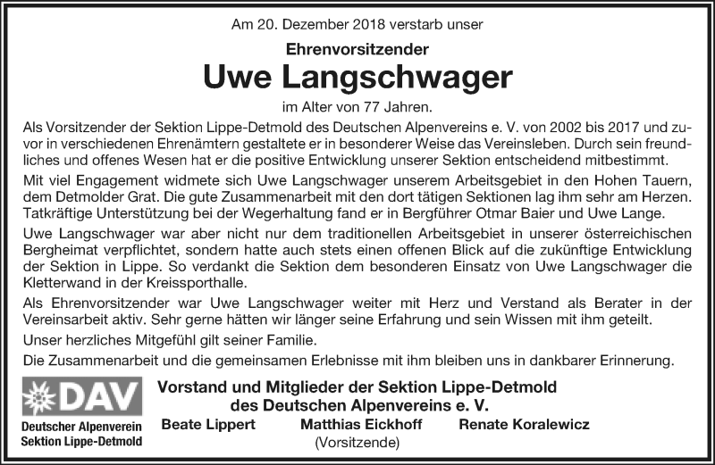  Traueranzeige für Uwe Langschwager vom 05.01.2019 aus Lippische Landes-Zeitung