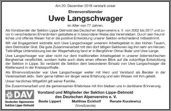 Anzeige  Uwe Langschwager  Lippische Landes-Zeitung