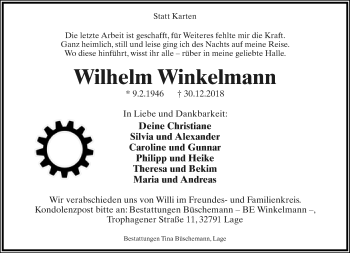 Anzeige  Wilhelm Winkelmann  Lippische Landes-Zeitung