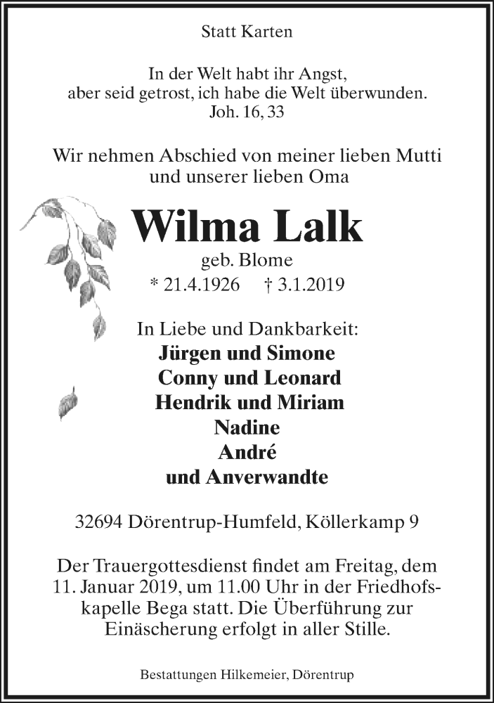  Traueranzeige für Wilma Lalk vom 05.01.2019 aus Lippische Landes-Zeitung