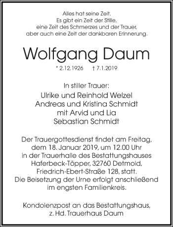 Anzeige  Wolfgang Daum  Lippische Landes-Zeitung