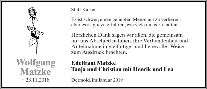  Traueranzeige für Wolfgang Matzke vom 12.01.2019 aus Lippische Landes-Zeitung
