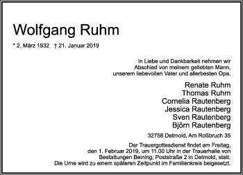 Anzeige  Wolfgang Ruhm  Lippische Landes-Zeitung