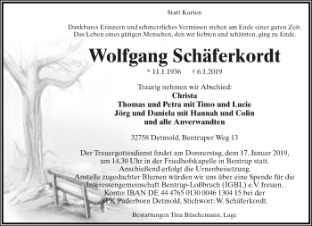 Anzeige  Wolfgang Schäferkordt  Lippische Landes-Zeitung