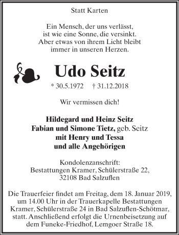 Anzeige  Udo Seitz  Lippische Landes-Zeitung