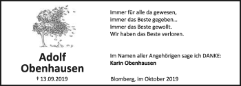 Anzeige  Adolf Obenhausen  Lippische Landes-Zeitung