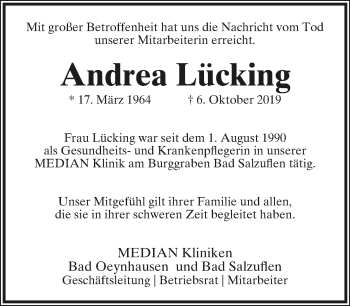 Anzeige  Andrea Lücking  Lippische Landes-Zeitung