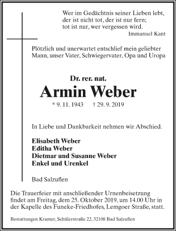 Anzeige  Armin Weber  Lippische Landes-Zeitung