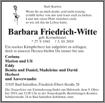 Anzeige  Barbara Friedrich-Witte  Lippische Landes-Zeitung