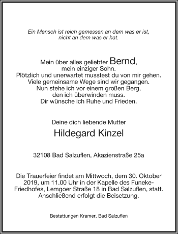 Anzeige  Bernd Kinzel  Lippische Landes-Zeitung