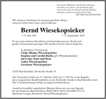 Anzeige  Bernd Wiesekopsieker  Lippische Landes-Zeitung