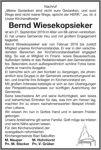 Anzeige  Bernd Wiesekopsieker  Lippische Landes-Zeitung